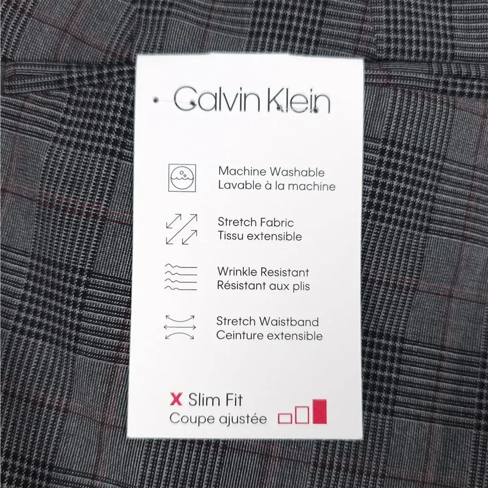 Calvin Klein Mens Slim Fit Dress Pants 38x30 Grey Black Plaid Stretch NWT
